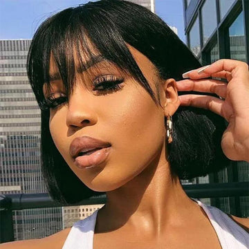 Ali Annabelle Bob Wig With Bangs 180% Density 4X4 Lace Straight Human Hair Wigs